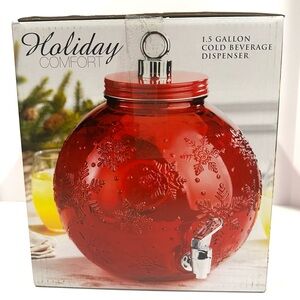 Holiday Comfort 1.5Gal Red Glass Christmas Ornament Drink Dispenser Snowflake